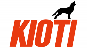 KIOTI SPELT IN RED CAPITAL LETTERS WITH DOG SILHOUETTE ON TOP OF THE T