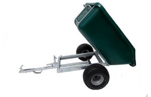 green wheelbarrow against a white background with the bucket tipped to demonstrate